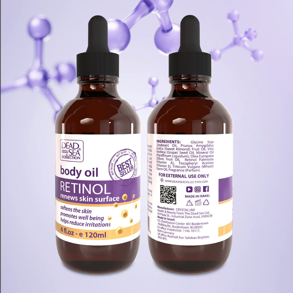 Bottle displaying retinol and vitamin E ingredients in Dead Sea Collection.