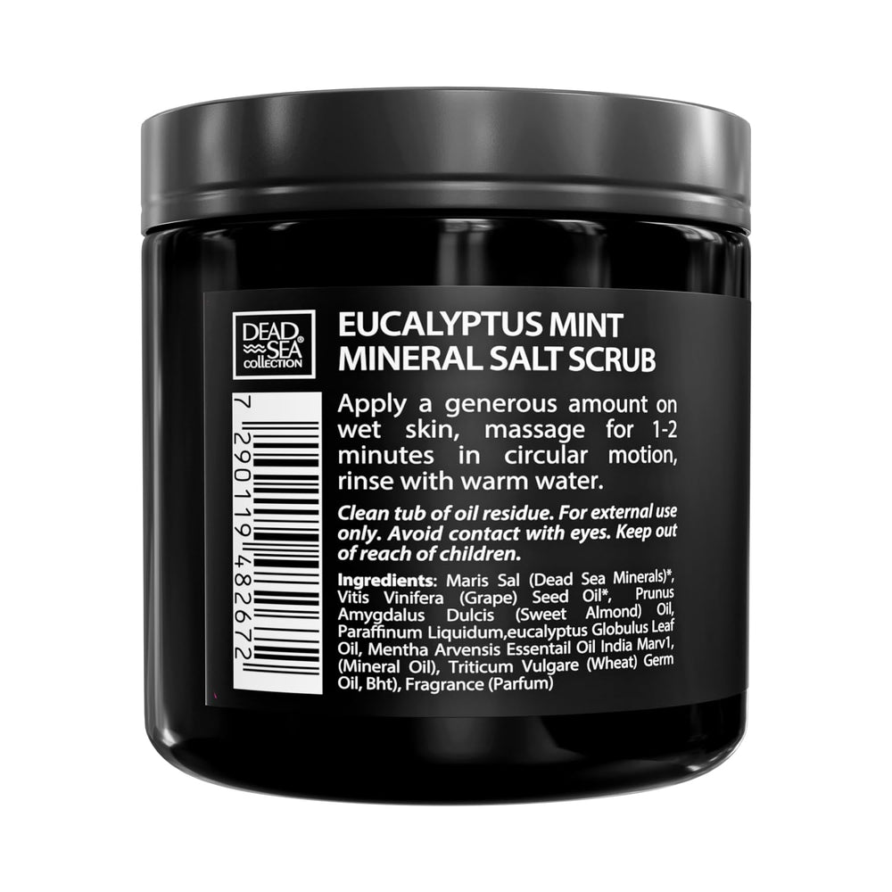 Dead Sea Collection salt body scrub eucalyptus mint gift-ready packaging for gifting and care.
