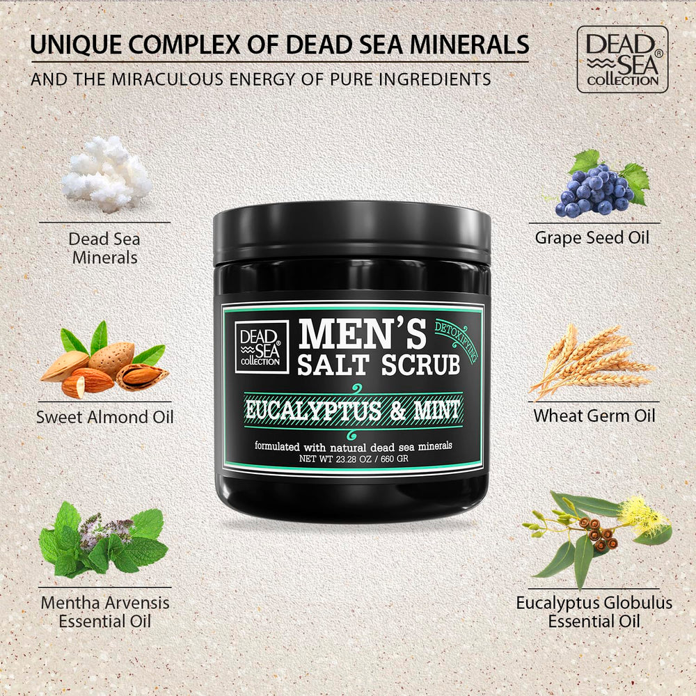 Dead Sea Collection salt body scrub eucalyptus mint packaging showcases value and daily-use convenience.