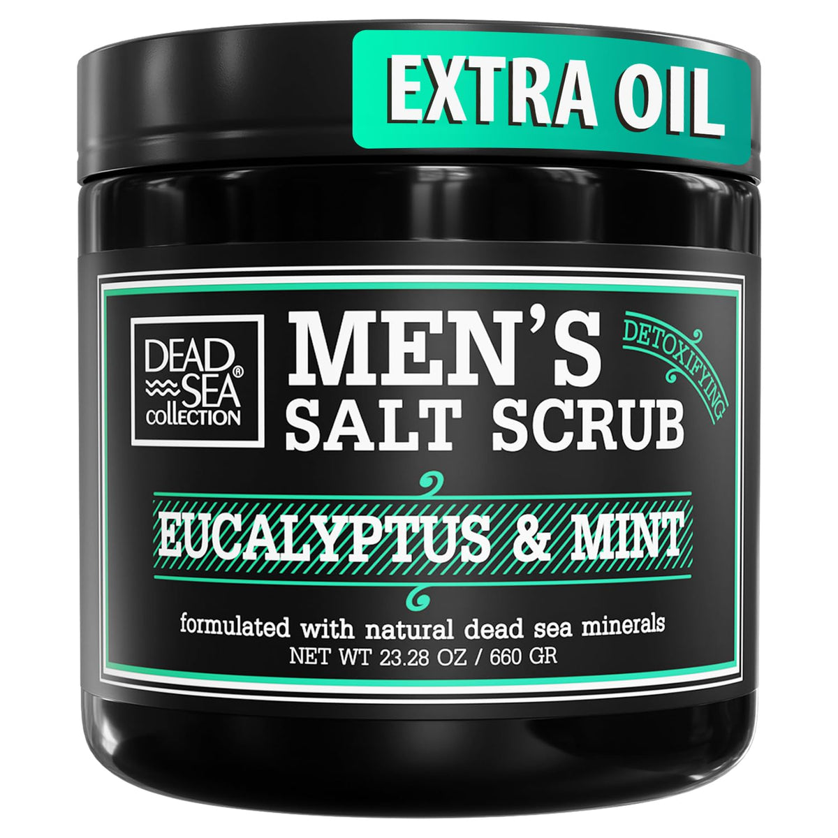 Dead Sea Collection salt body scrub eucalyptus mint jar close-up for exfoliation and detoxification.