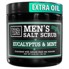 Dead Sea Collection salt body scrub eucalyptus mint jar close-up for exfoliation and detoxification.