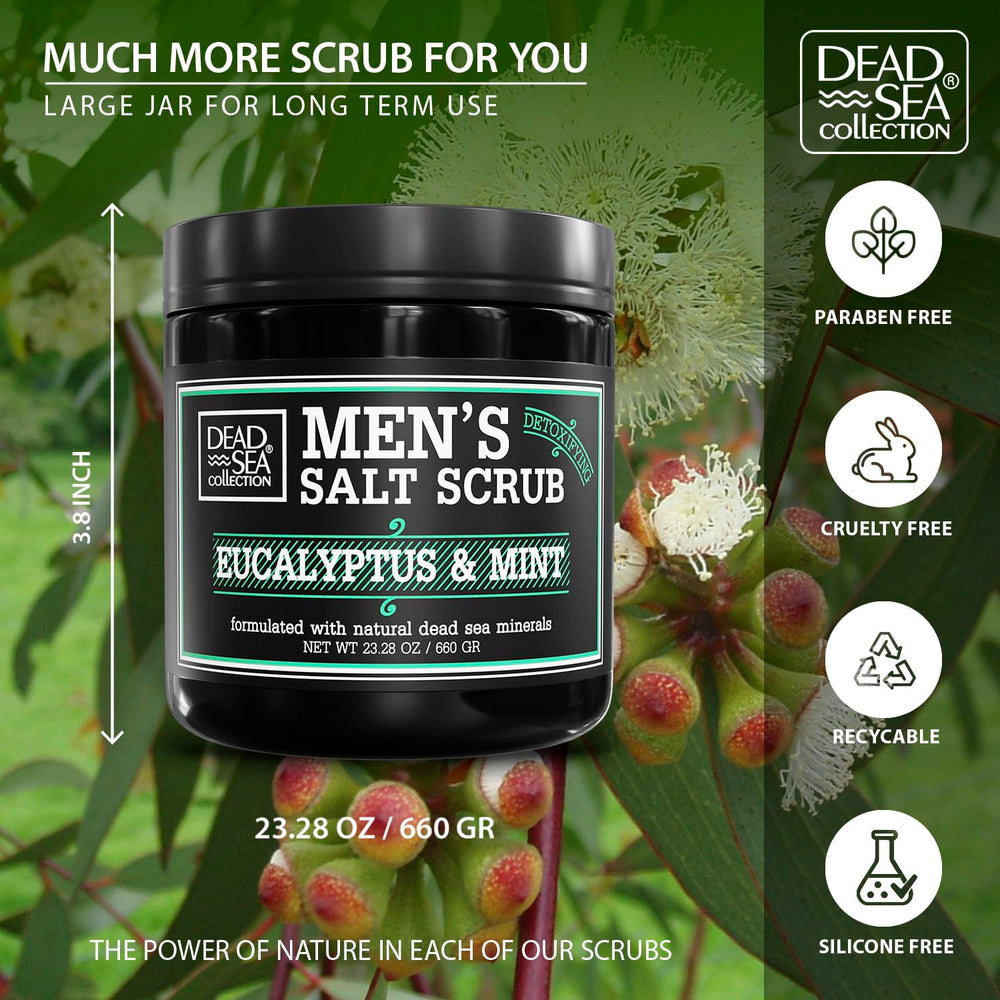 Dead Sea Collection salt body scrub eucalyptus mint close-up highlights salt grains for exfoliation.