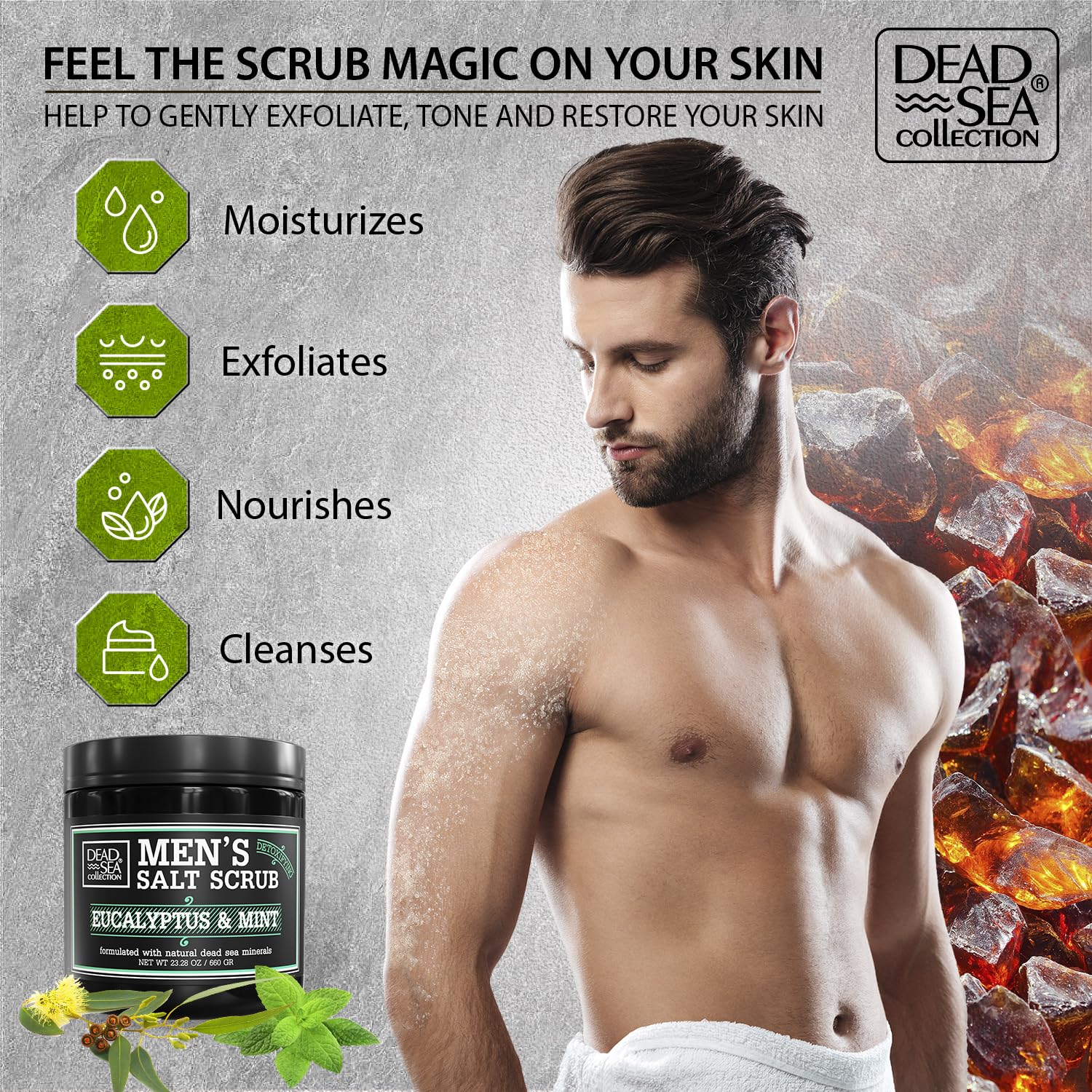 Dead Sea Collection salt body scrub eucalyptus mint texture close-up for smoother, refreshed skin.