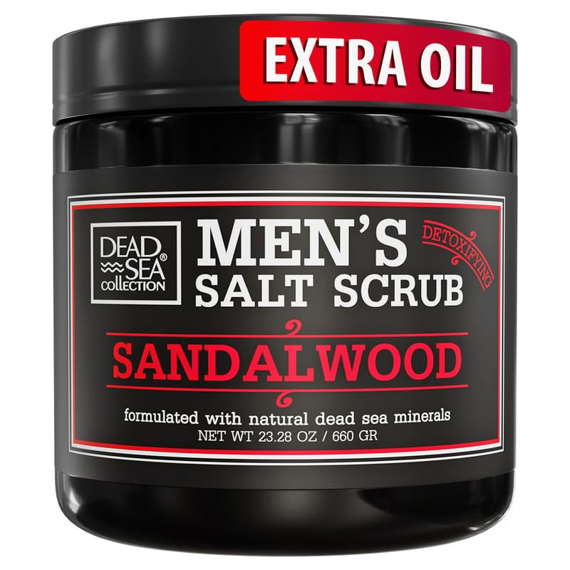 Dead Sea Collection Salt Body Scrub sandalwood for men jar close-up, exfoliating mineral-rich formula.