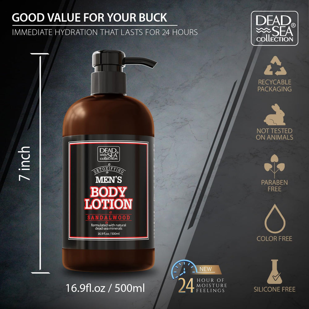 Dead Sea Collection sandalwood oil essence image suggests comforting scent.