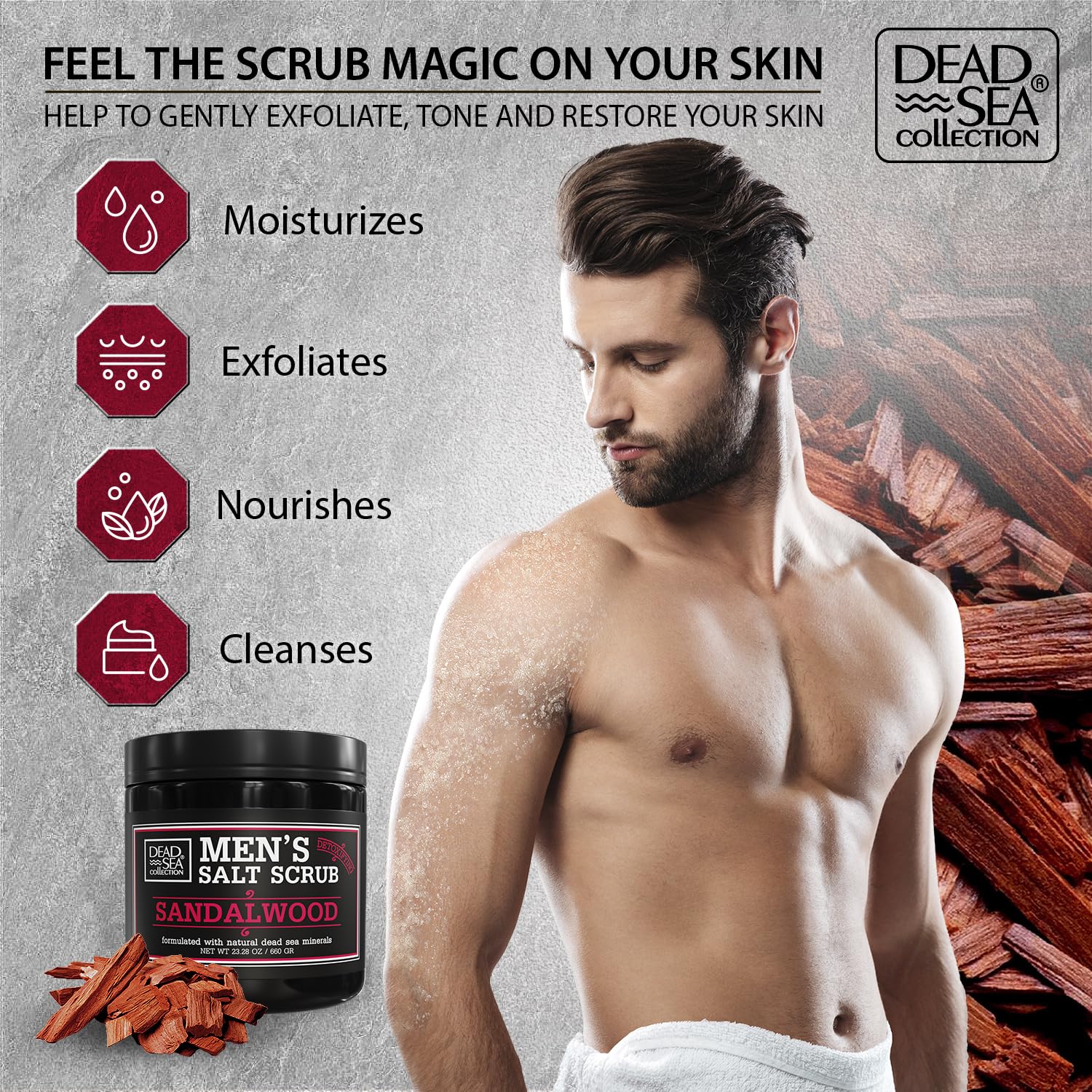 Dead Sea Collection sandalwood scrub texture close-up, reveals gritty salt exfoliation for smoother skin.