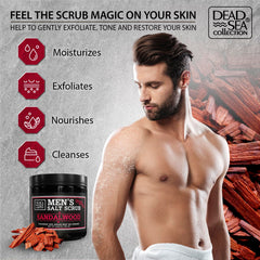 Dead Sea Collection sandalwood scrub texture close-up, reveals gritty salt exfoliation for smoother skin.