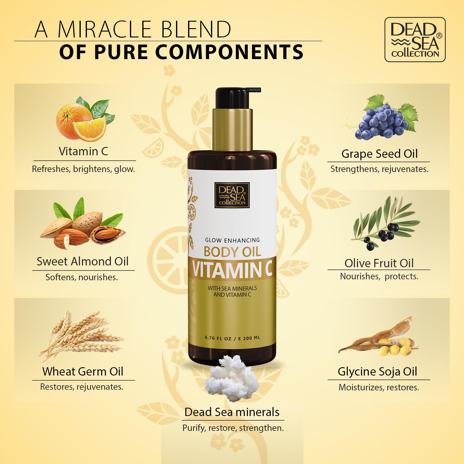 Nourishing oil blend in Dead Sea Collection Vitamin C Body Oil with almond, grape seed, olive, wheat germ.
