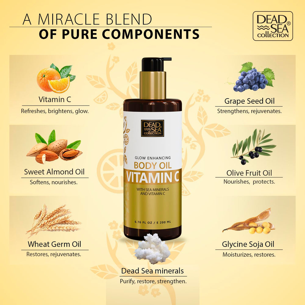 Nourishing oil blend in Dead Sea Collection Vitamin C Body Oil with almond, grape seed, olive, wheat germ.