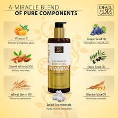 Nourishing oil blend in Dead Sea Collection Vitamin C Body Oil with almond, grape seed, olive, wheat germ.