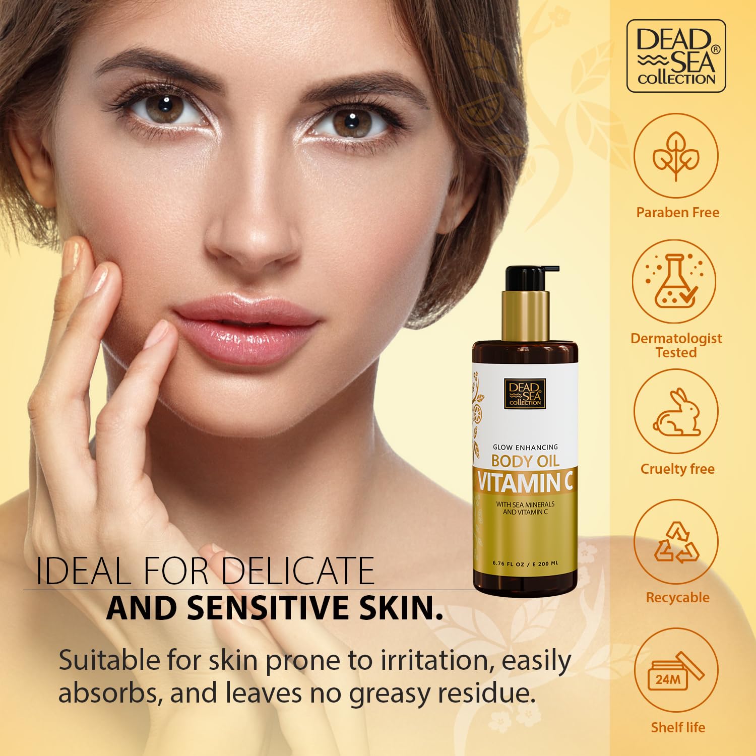 Recyclable packaging of Dead Sea Collection Vitamin C Body Oil supports eco-friendly choices.