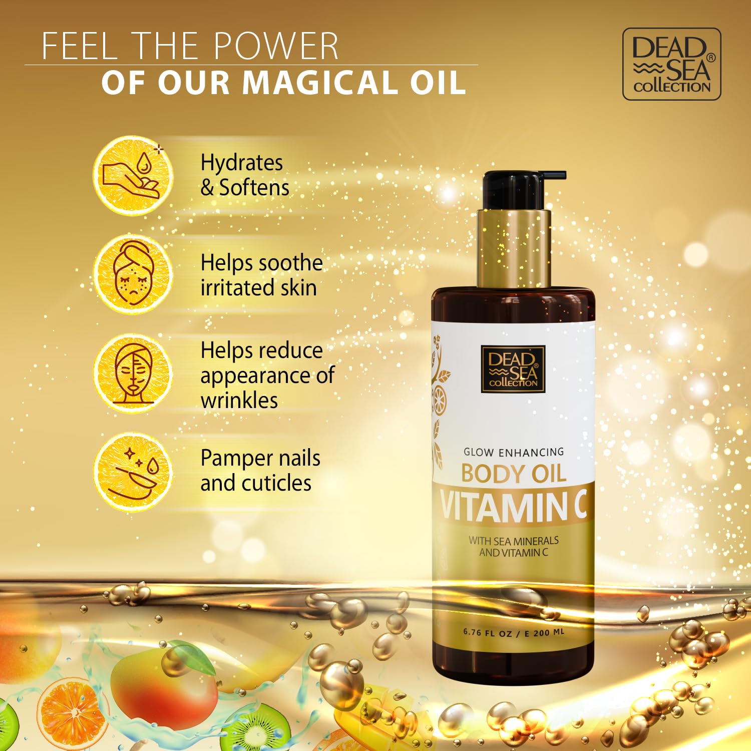 Vitamin C and Vitamin E provide gentle antioxidant care in Dead Sea Collection Body Oil.