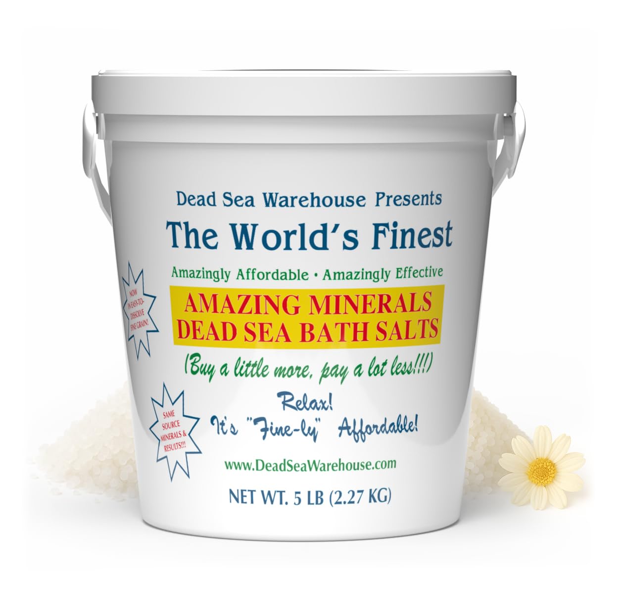Dead Sea Warehouse Amazing Minerals Bath Salts 5 lb container shown for a luxurious detox soak.