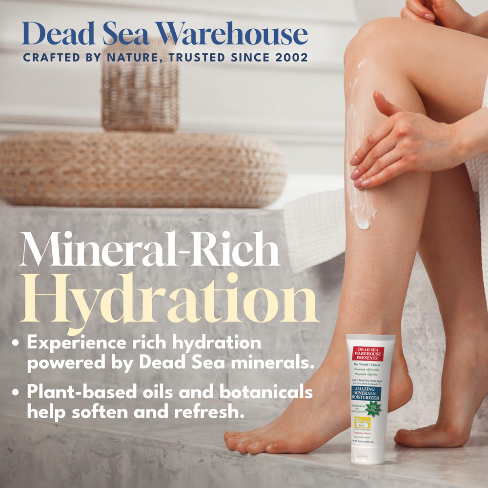 Dead Sea Warehouse Amazing Minerals Moisturizer cream swirl shows rich texture for quick absorption