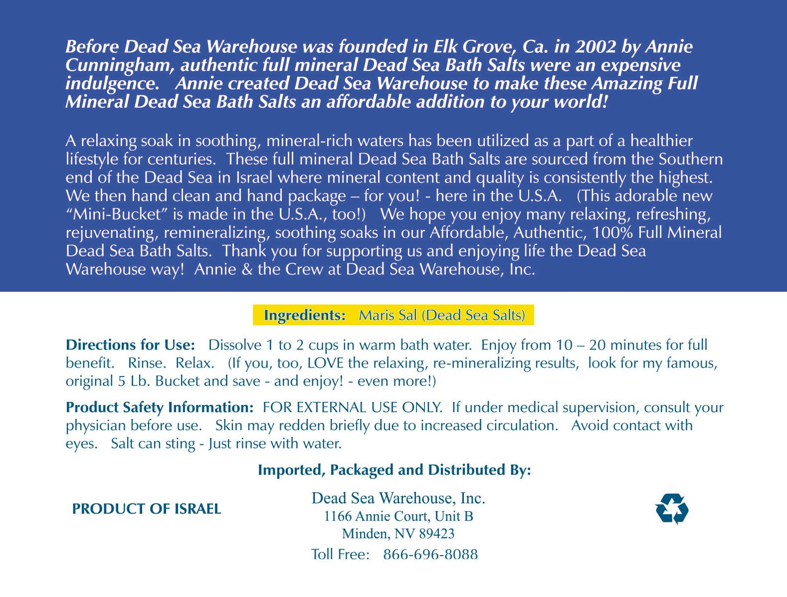 Dead Sea Warehouse soaking salts emphasize muscle relief after activity.