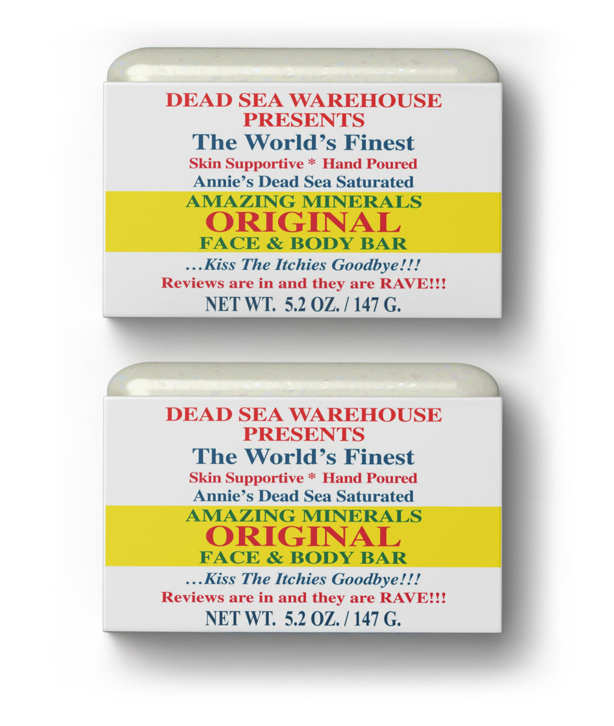 Dead Sea Warehouse original soap bar packaging showing fragrance-free formula for sensitive skin.
