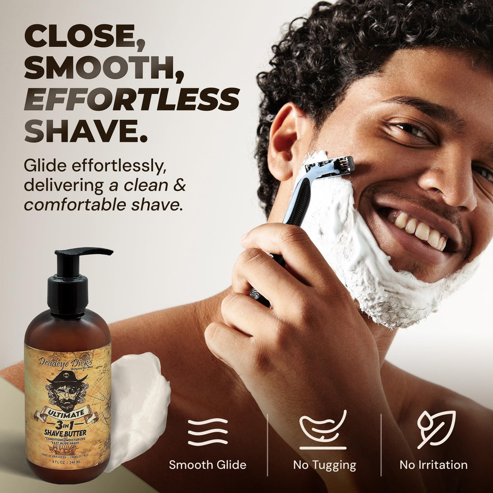 Face application of Deadeye Dick's shave butter for precise, comfortable shaving