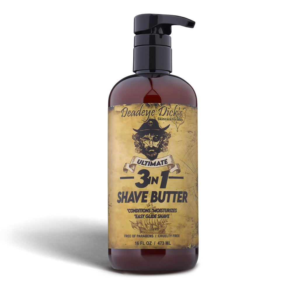 Deadeye Dick's 3-in-1 shave butter on the face delivers smooth razor glide.