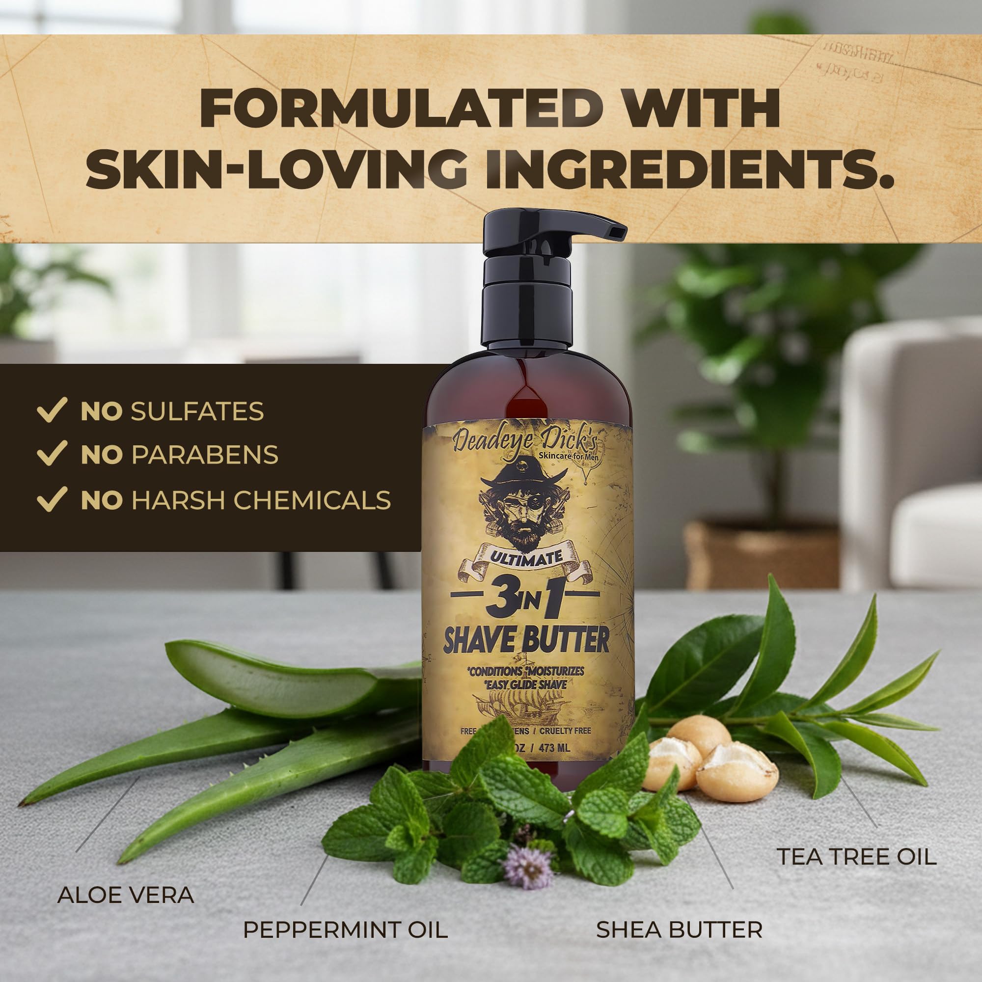 Deadeye Dick's formula with shea butter for nourished, moisturized skin during shaving.