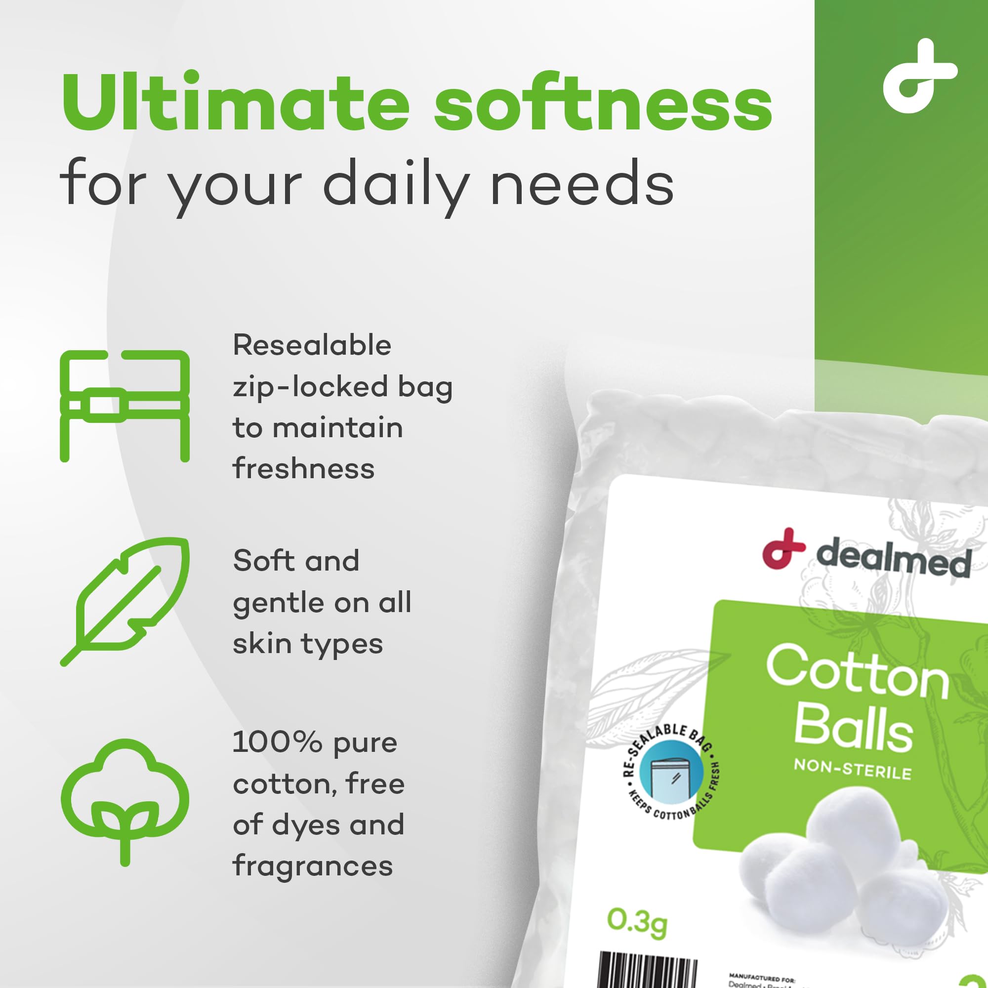 Dealmed cotton balls for face cleansing and makeup removal with soft absorbent texture.