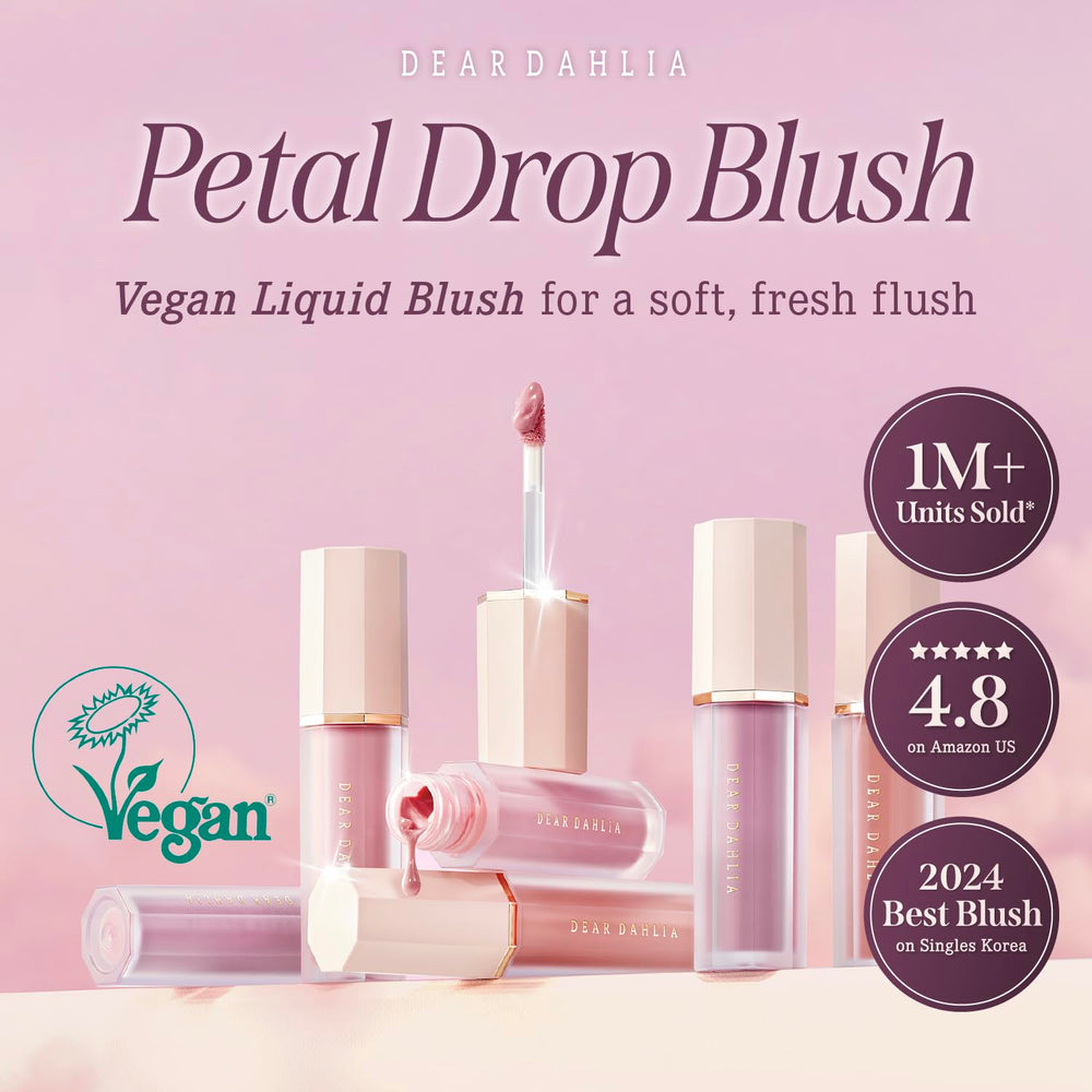 DEAR DAHLIA Petal Drop Blush Purity liquid texture close-up shows smooth, blendable color.