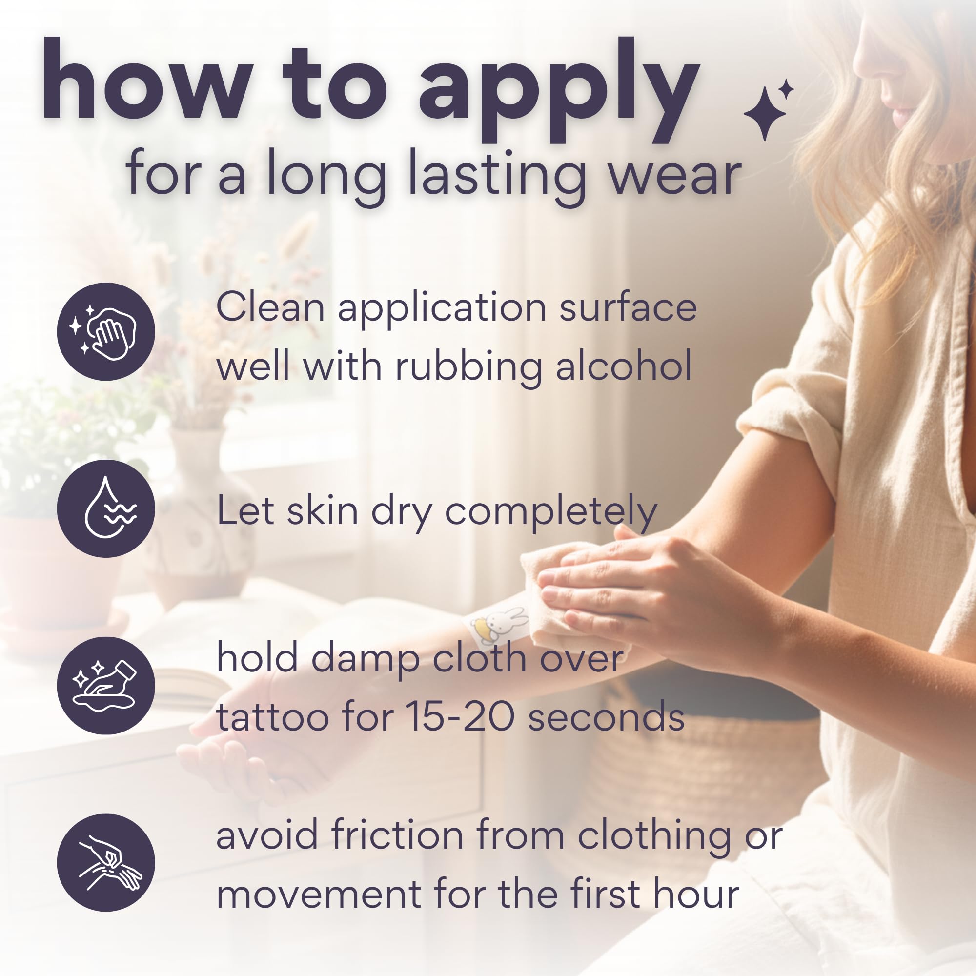 Easy application Dearcloud Miffy tattoos with water-based transfer