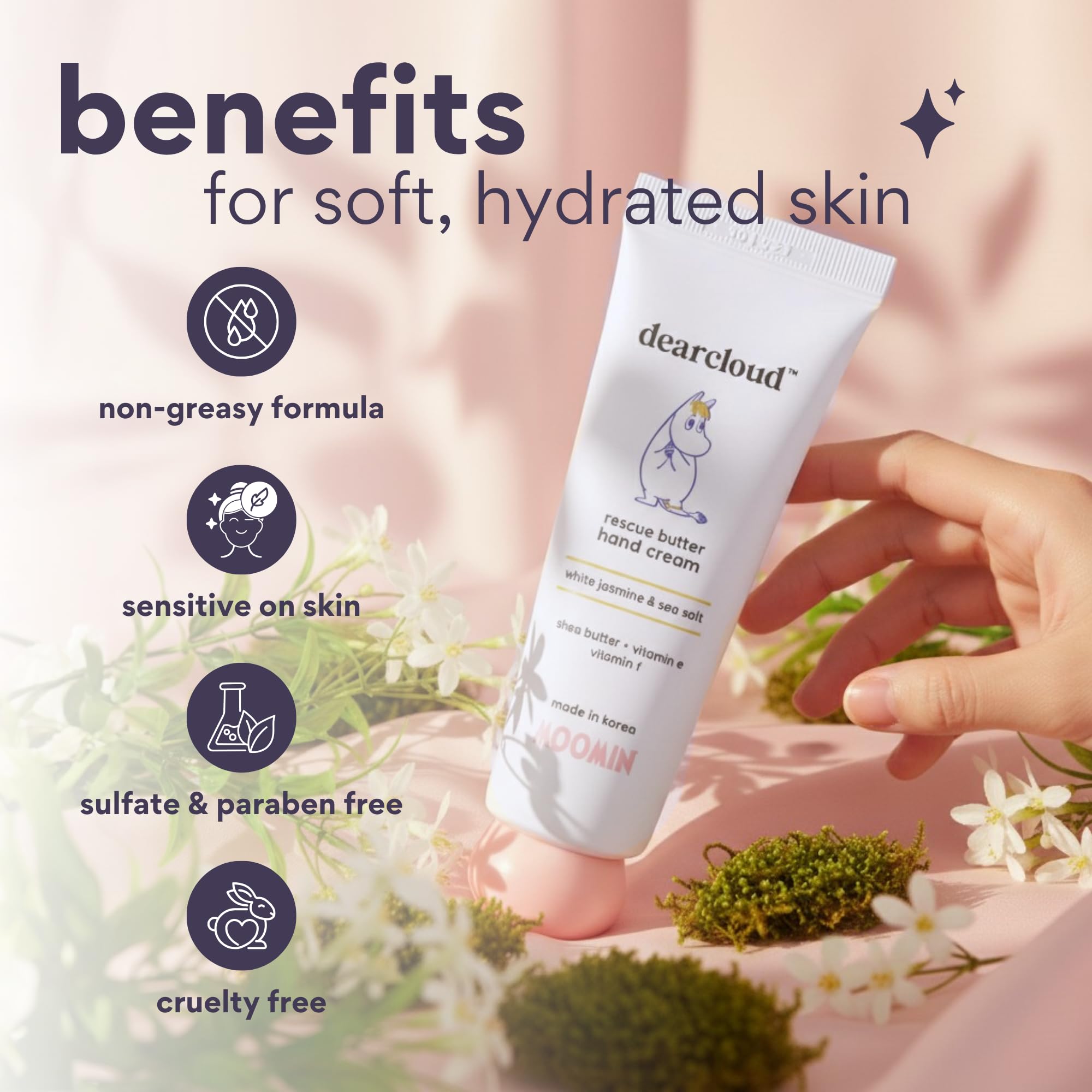 Dearcloud Moomin Rescue Butter Hand Cream cap captures premium packaging and ease of use