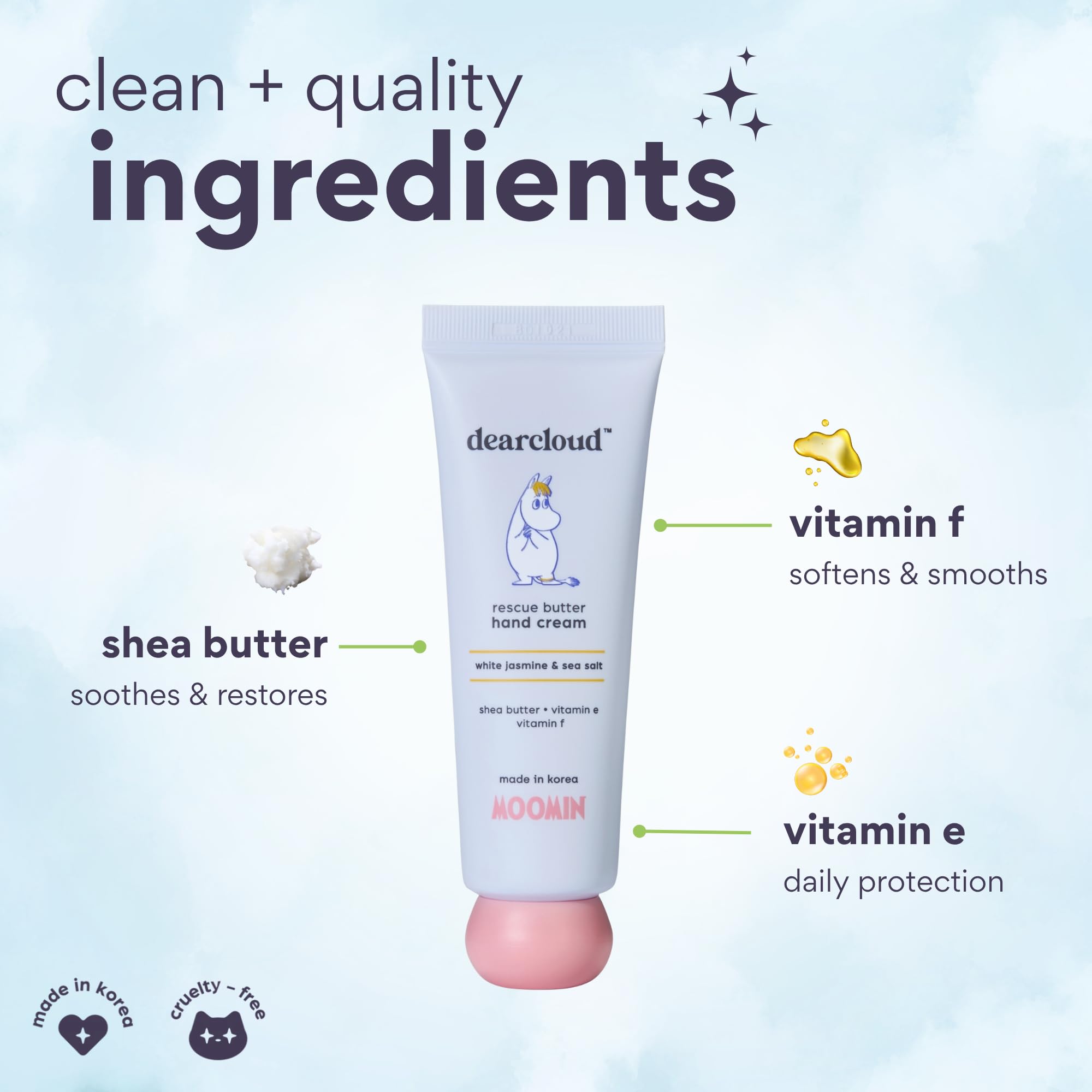Dearcloud Moomin Rescue Butter Hand Cream texture emphasizes velvety, deeply moisturizing formula