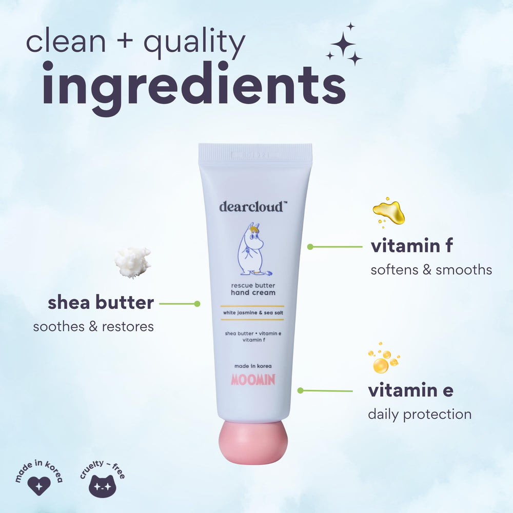 Dearcloud Moomin Rescue Butter Hand Cream texture emphasizes velvety, deeply moisturizing formula