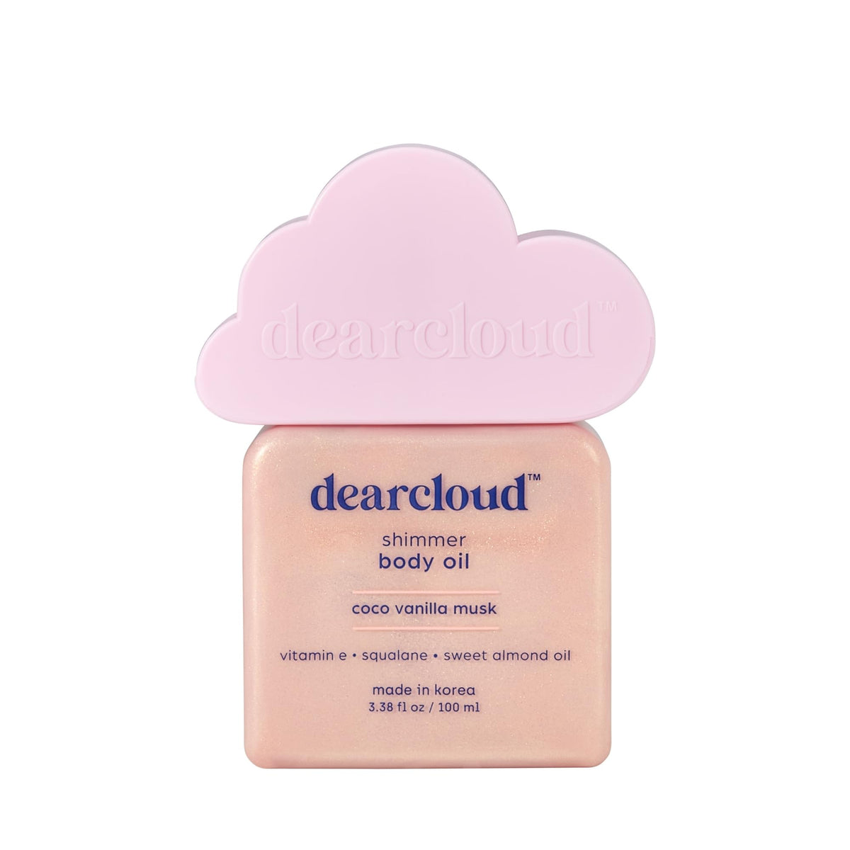 Dearcloud Shimmer Body Oil bottle pour delivers rich hydration for dry skin.