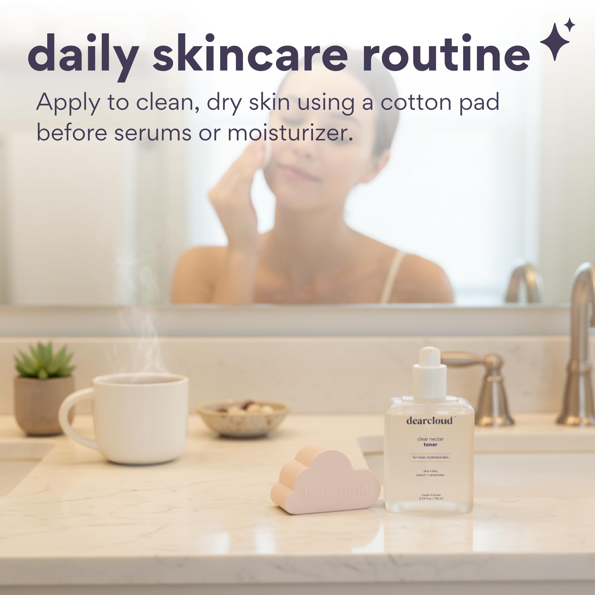 Soft, luminous skin after using Dearcloud Clear Nectar Toner.