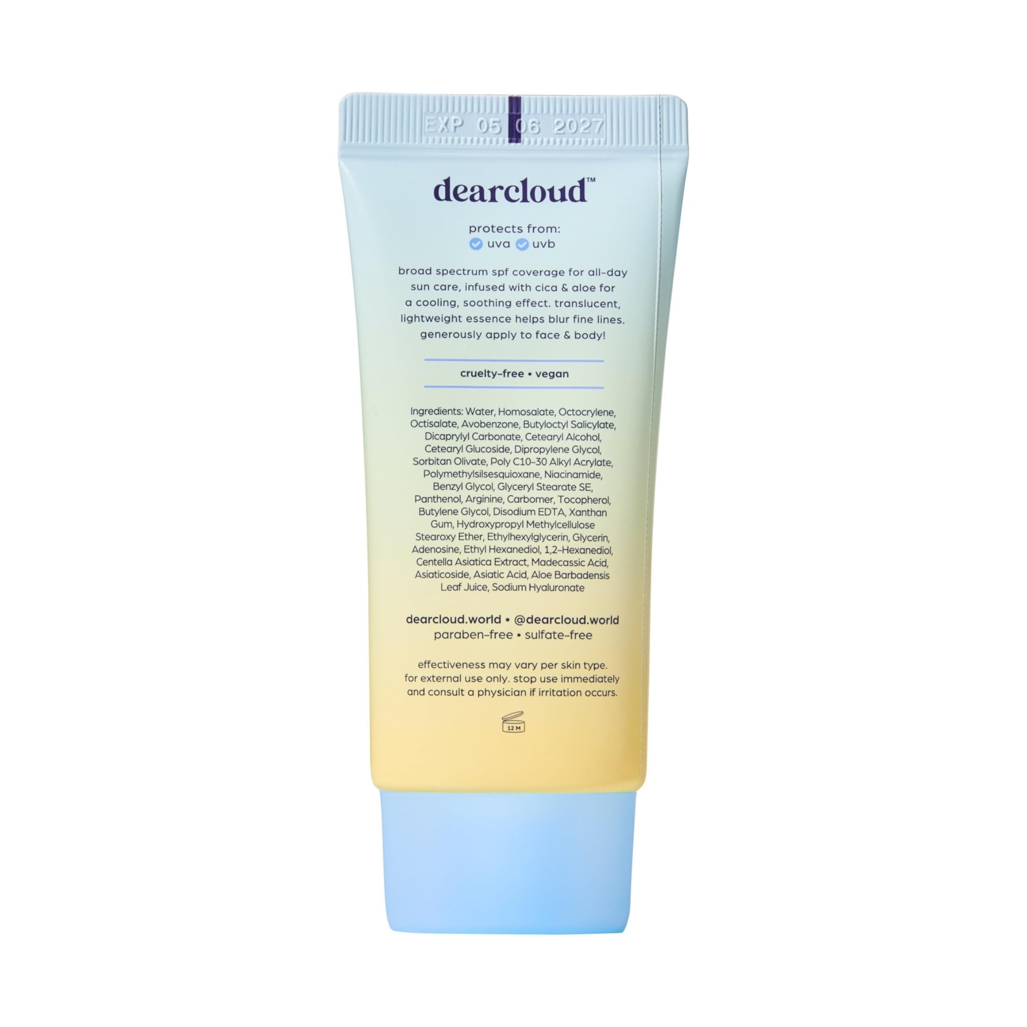 Close-up of Dearcloud Tone Blur Essence Sunscreen showing lightweight texture for daily wear.