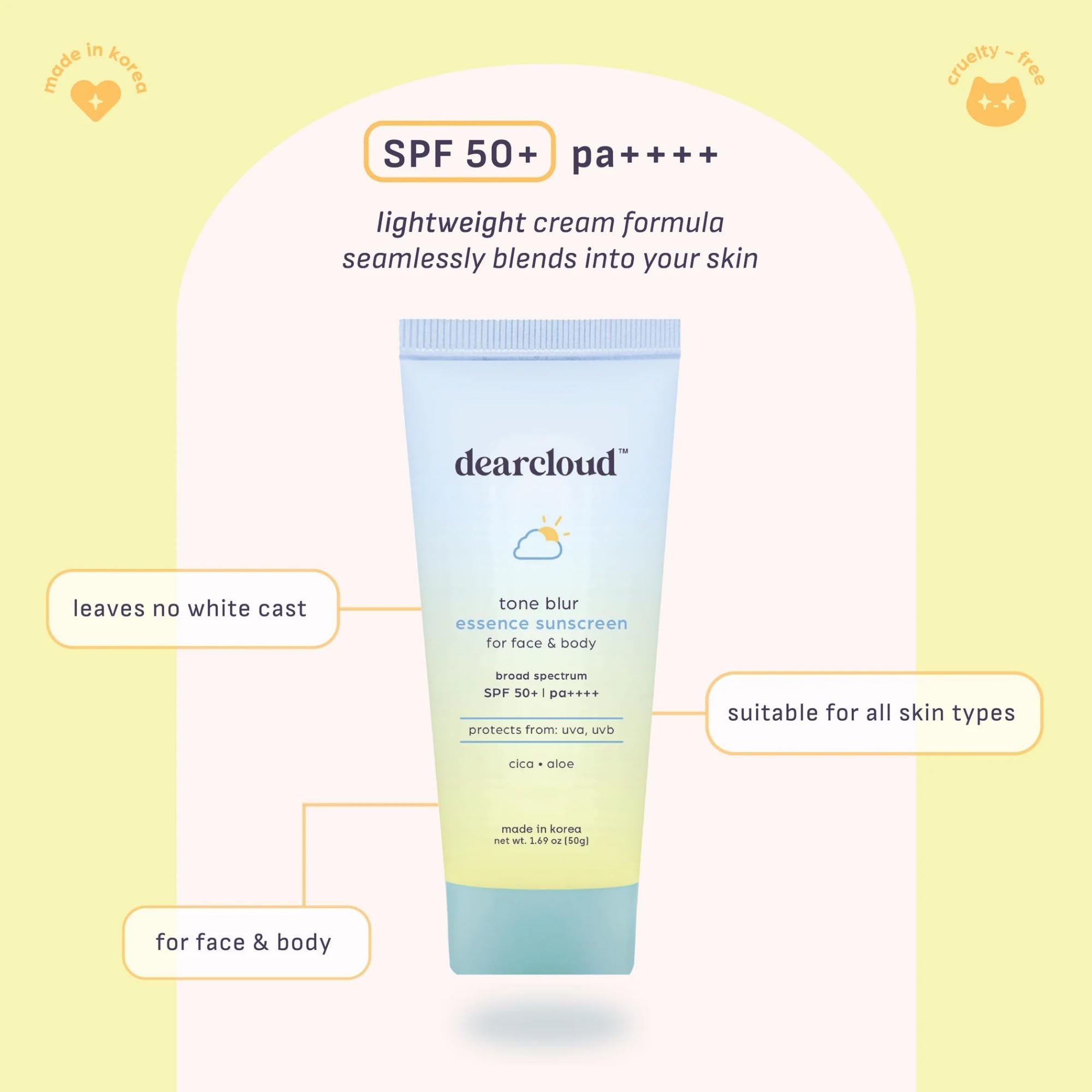 Swatch of Dearcloud Tone Blur Essence Sunscreen reveals a translucent finish without white cast.