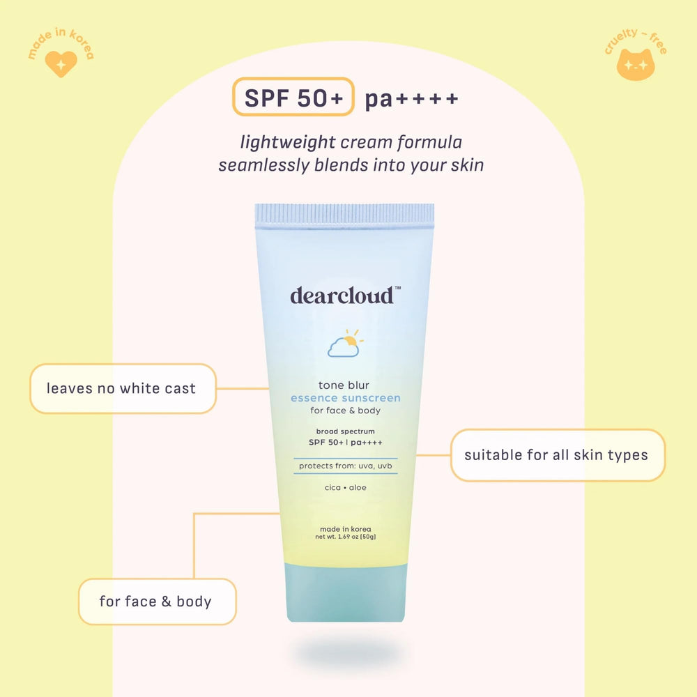 Swatch of Dearcloud Tone Blur Essence Sunscreen reveals a translucent finish without white cast.