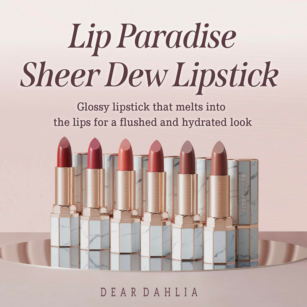 DEARDAHLIA Lip Paradise Megan sheer swatch on lips shows dewy glow.