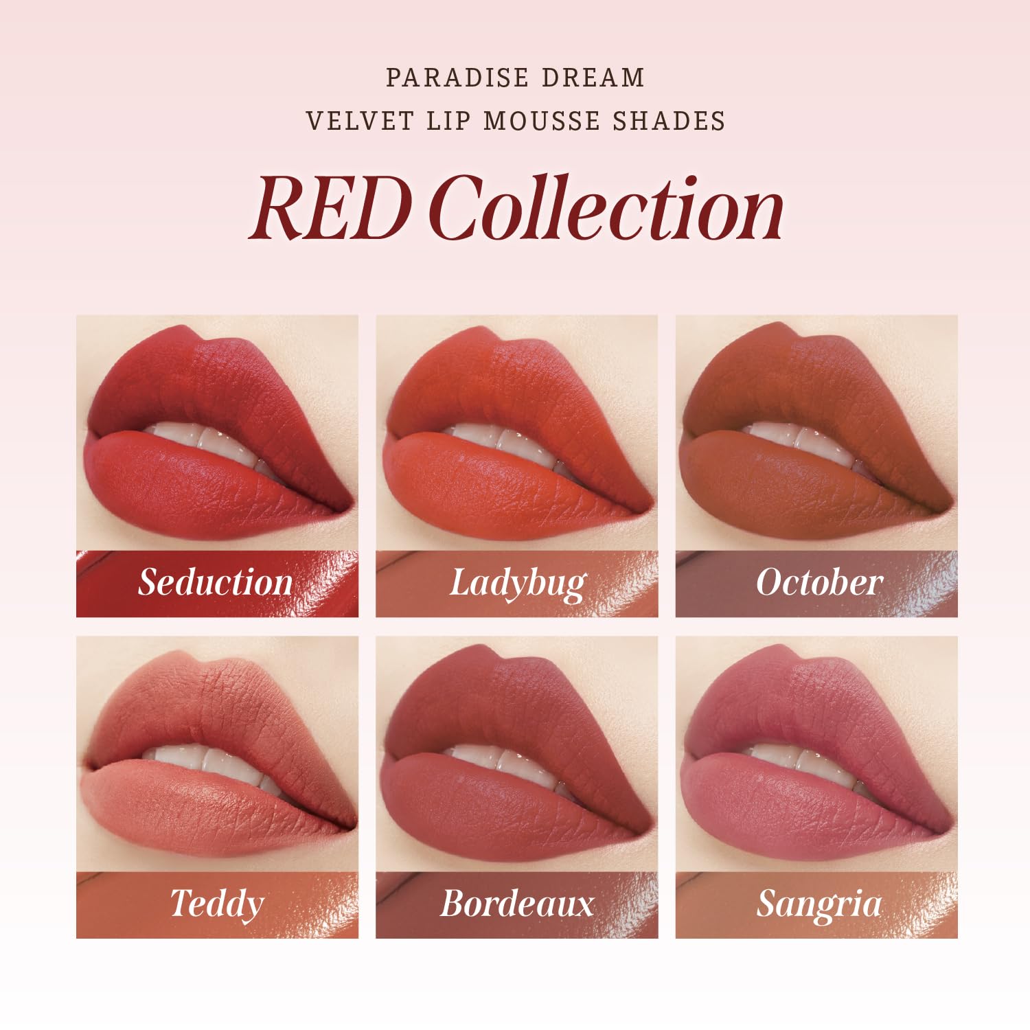 Lips wearing Paradise Dream Velvet show soft-matte, long-lasting shade