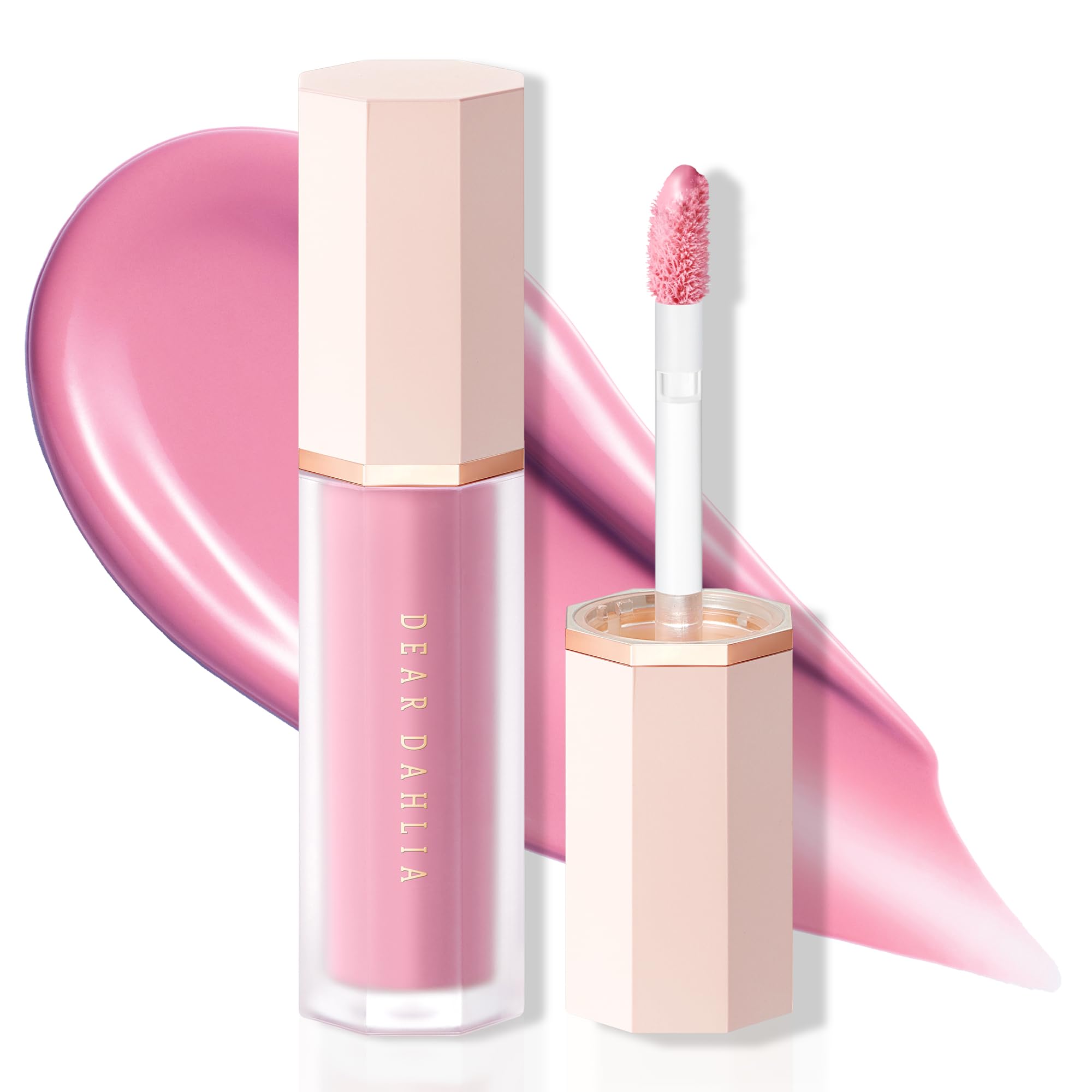 Dear Dahlia Petal Drop Blush in Taffy swatch on cheek for a dewy flush.