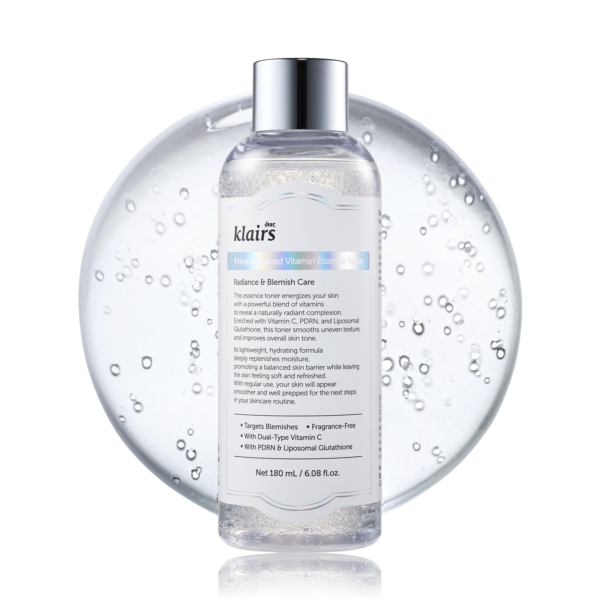 DearKlairs Freshly Juiced Toner bottle close-up, fragrance-free for sensitive skin