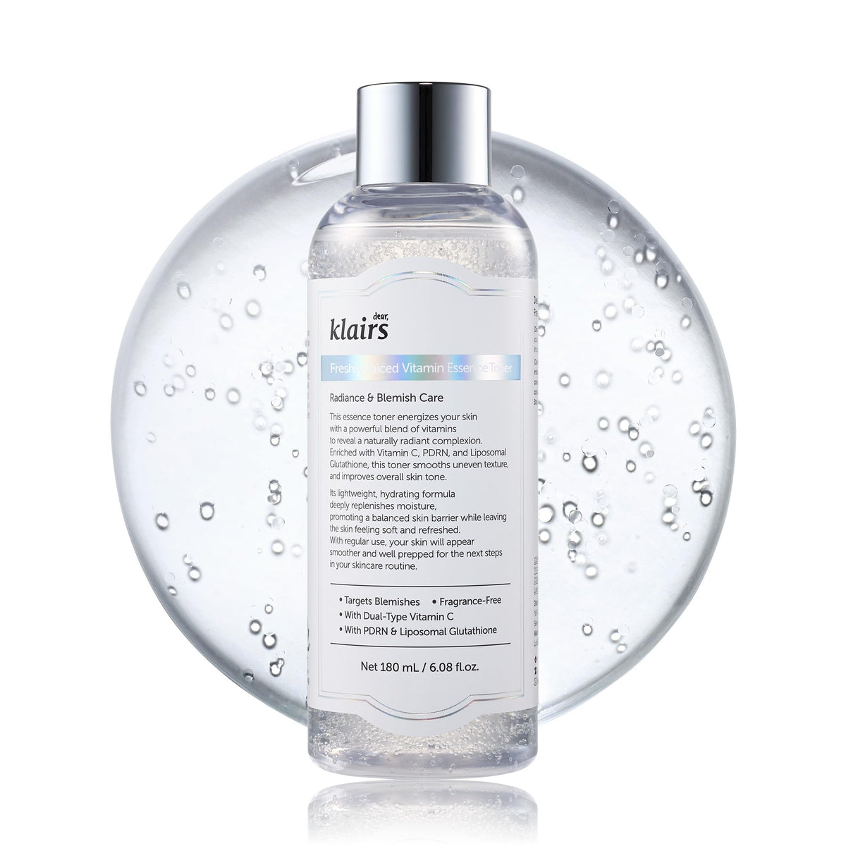 DearKlairs Freshly Juiced Toner bottle close-up, fragrance-free for sensitive skin