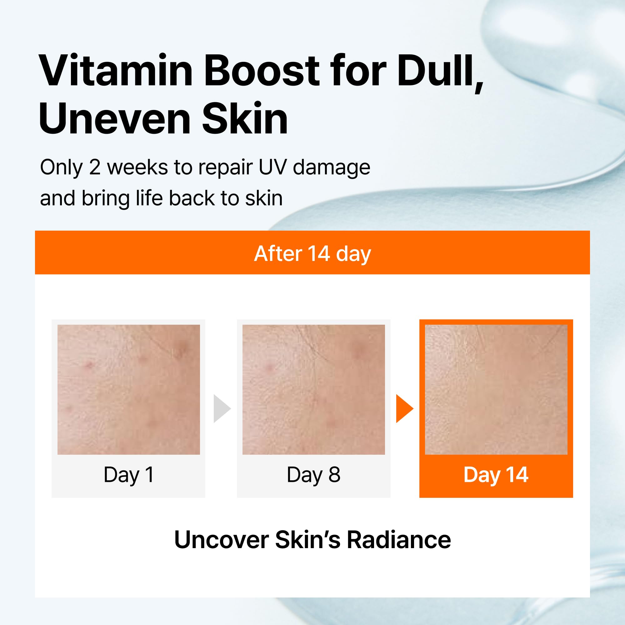 DearKlairs Freshly Juiced Vitamin Drop application on the face shows light absorption and hydration.