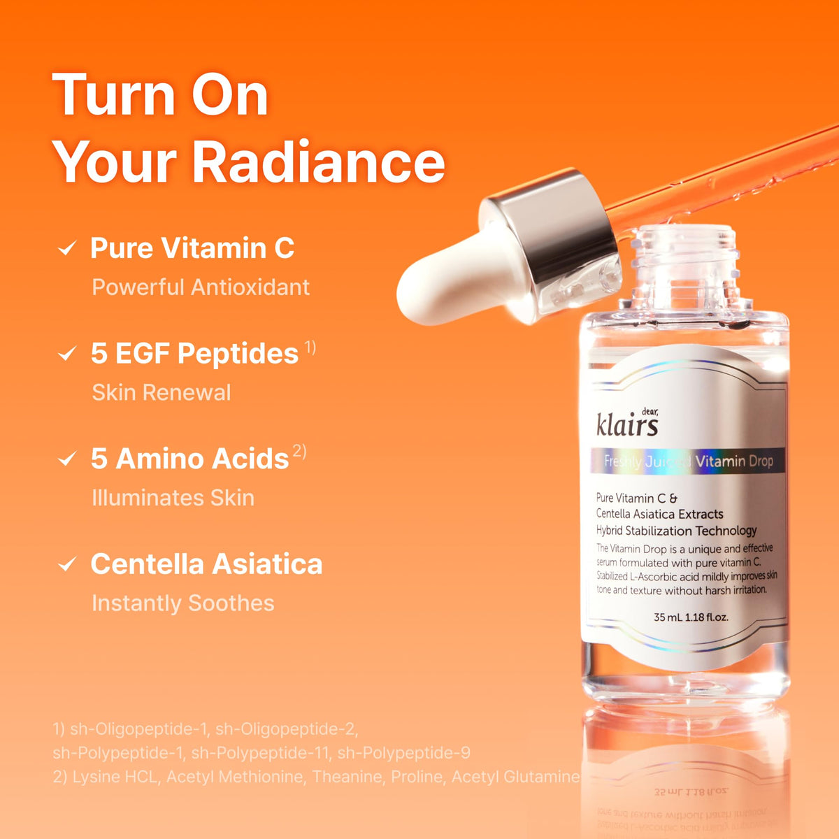 DearKlairs Freshly Juiced Vitamin Drop droplet lands on skin, suggesting a daily brightening ritual.