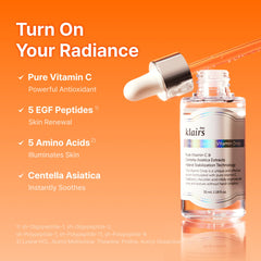 DearKlairs Freshly Juiced Vitamin Drop droplet lands on skin, suggesting a daily brightening ritual.