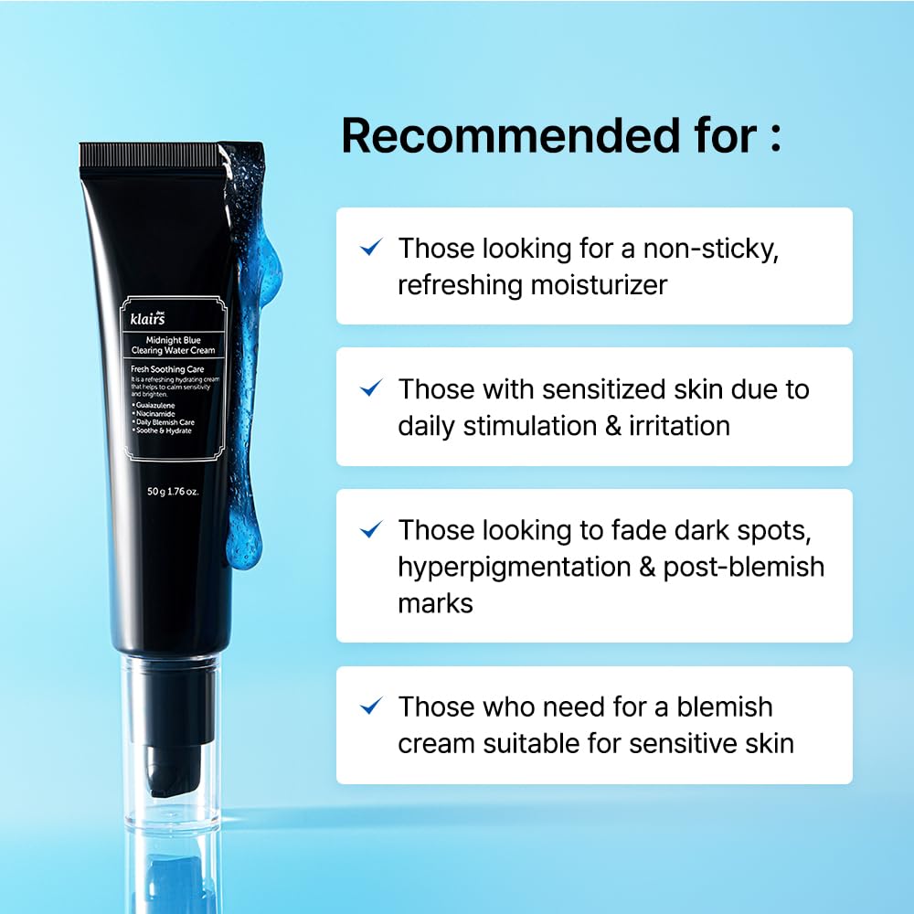 DearKlairs Midnight Blue Clearing Water Gel Cream is ideal for daily use on oily or sensitive skin.
