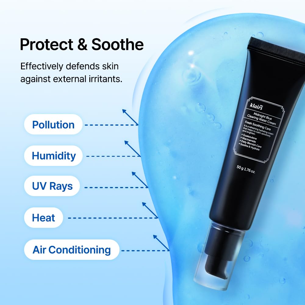 DearKlairs Midnight Blue eight-type hyaluronic acid blend provides deep hydration without heaviness.
