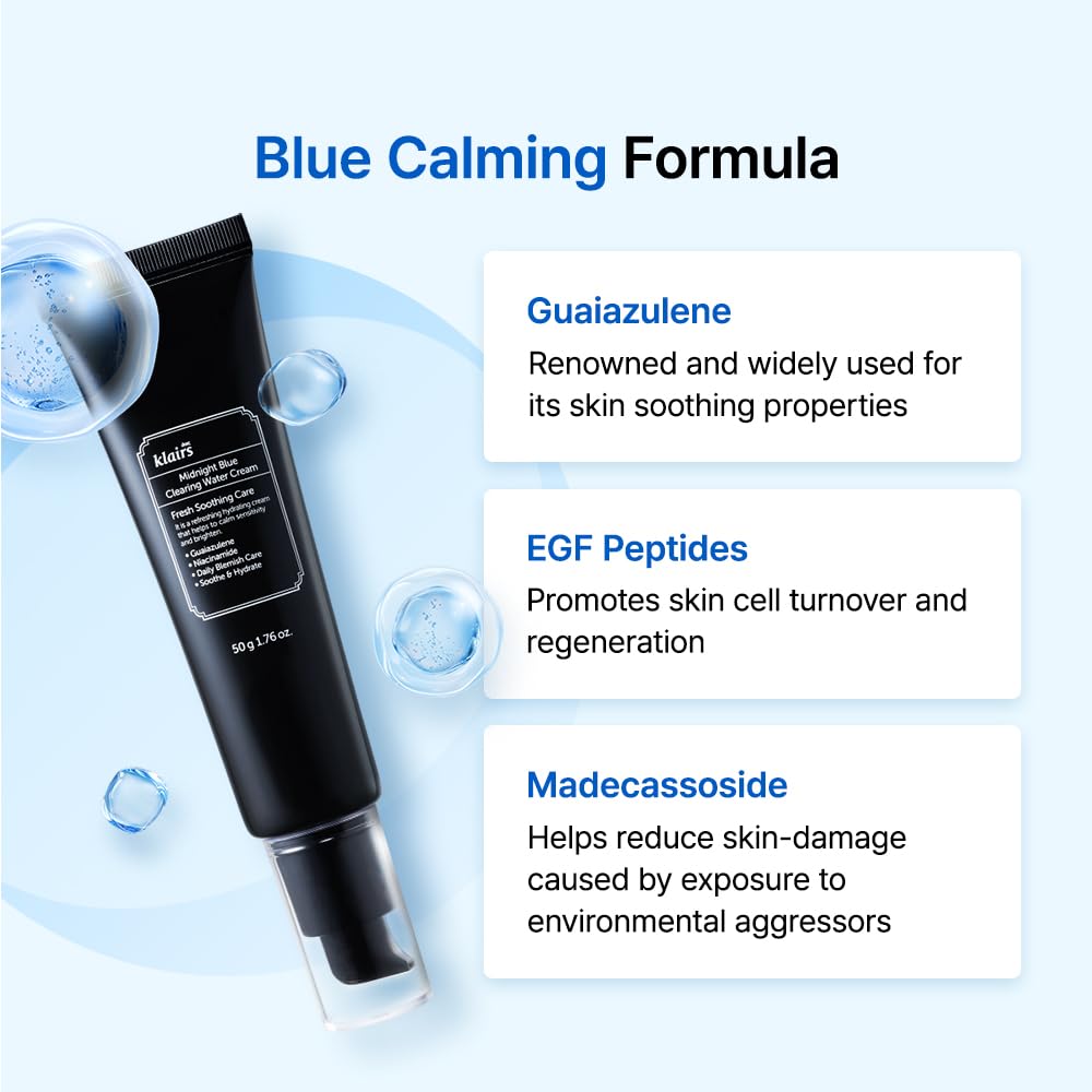 DearKlairs Midnight Blue Clearing Water Gel Cream on skin demonstrates cooling, fast absorption.