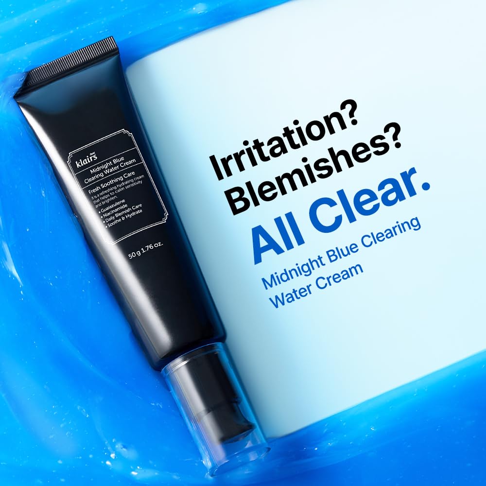 DearKlairs Midnight Blue Clearing Water Gel Cream swatch shows smooth, non-greasy hydration.