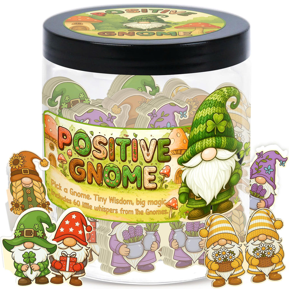 DEARMINE Positive Gnome Jar with affirmation cards on a desk for daily motivation