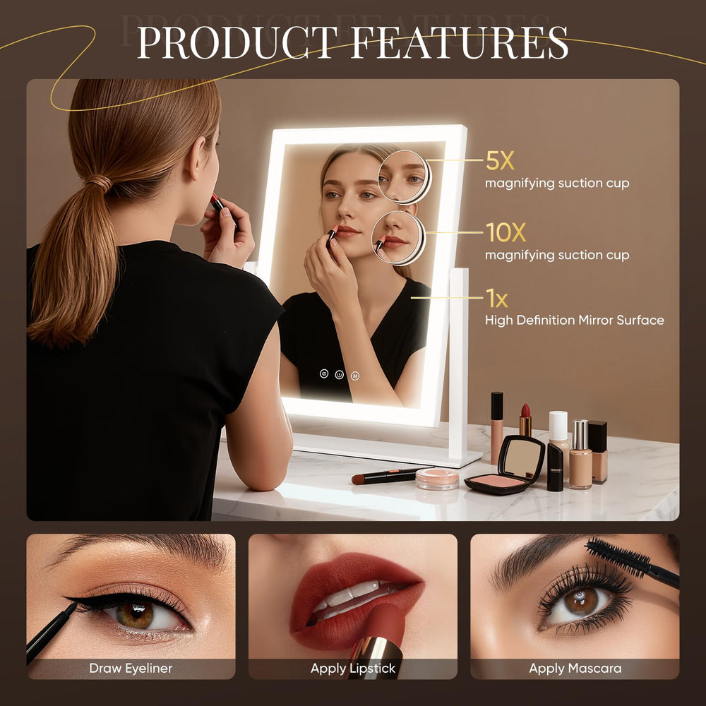 DECADENCE vanity mirror with lights 360-degree rotation for versatile angles.