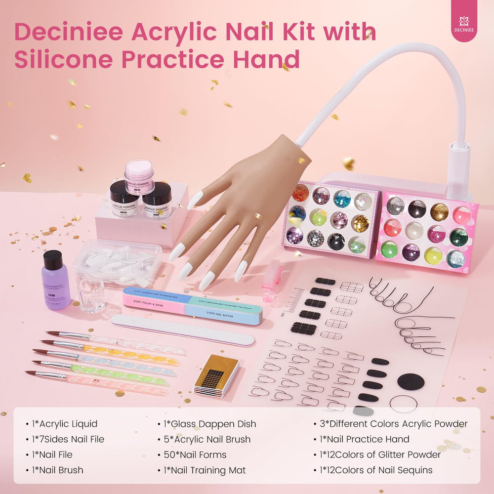 Deciniee nail art kit with dappen dish and brushes for precise acrylic techniques.