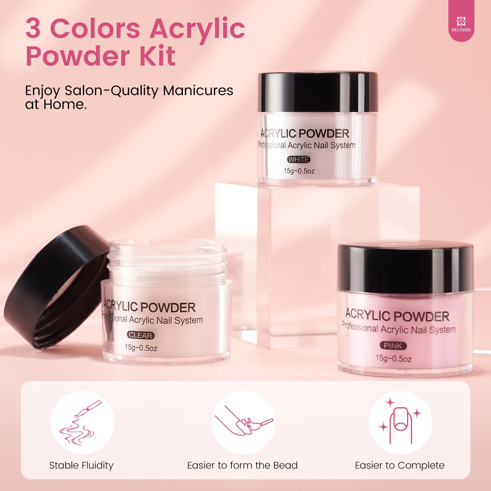 Deciniee nail forms and decorative accessories to customize designs.
